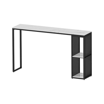 Glam Rectangle Faux Marble Bistro Table Iron Double Pedestal Bar Dining Table with 2-Shelf Black Without Chairs Clearhalo 'Bar Furniture' 'Bar Tables' 'bar_tables' 'furn' 'furn_bar_tables' 'Furniture' 'furniture_bar_tables' 'Kitchen & Dining Furniture' 4401590
