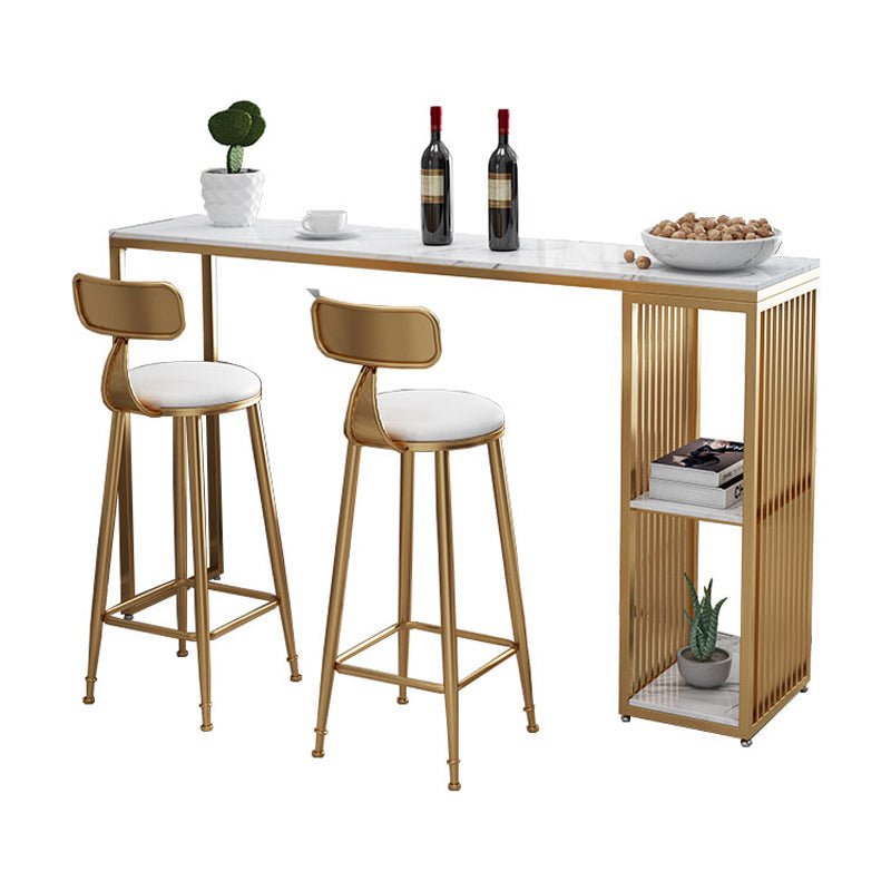 Glam Rectangle Faux Marble Bistro Table Iron Double Pedestal Bar Dining Table with 2-Shelf Clearhalo 'Bar Furniture' 'Bar Tables' 'bar_tables' 'furn' 'furn_bar_tables' 'Furniture' 'furniture_bar_tables' 'Kitchen & Dining Furniture' 4401591
