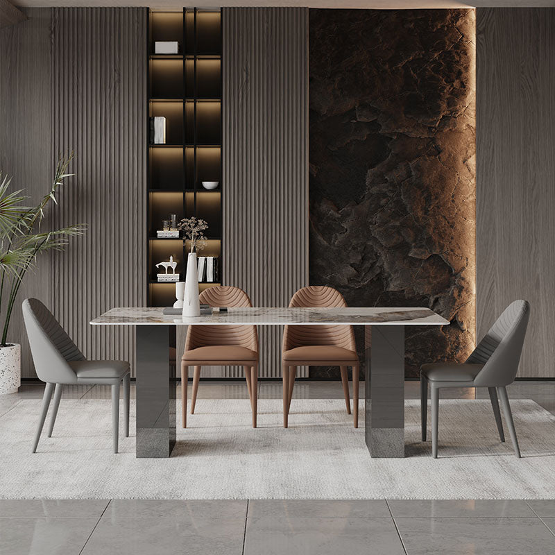 1/2/5/6/7 Pieces Glam Dining Set with Double Pedestal Table and Leather Chairs Dinette Set 5 Pieces: Table, 4 Chairs Clearhalo 'Dining Room Sets' 'Dining Tables & Seating' 'dining_room_set' 'furn' 'furn_dining_room_set' 'Furniture' 'furniture_dining_room_set' 'Kitchen & Dining Furniture' 'kitchen&dining_furn' 'kitchen' 4413195