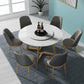 1/4/5/7 Pcs Metal Glam Dining Room Set with Round Table and Chairs Dining Set 7 Pieces: White-Gold Table, 6 Grey Chairs Clearhalo 'Dining Room Sets' 'Dining Tables & Seating' 'dining_room_set' 'furn' 'furn_dining_room_set' 'Furniture' 'furniture_dining_room_set' 'Kitchen & Dining Furniture' 'kitchen&dining_furn' 'kitchen' 4413279