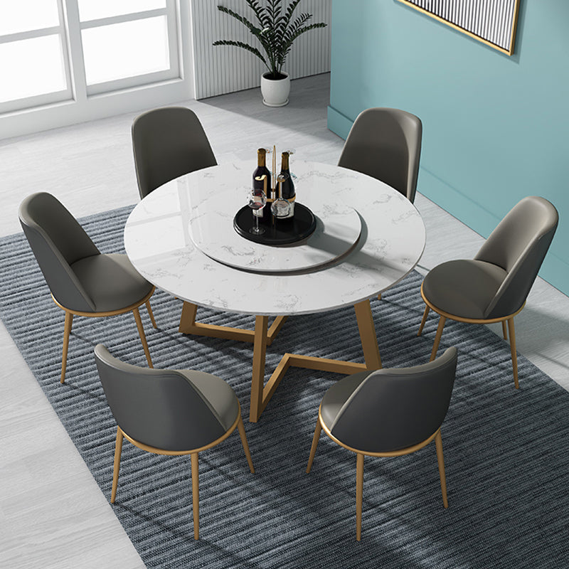 1/4/5/7 Pcs Metal Glam Dining Room Set with Round Table and Chairs Dining Set 7 Pieces: White-Gold Table, 6 Grey Chairs Clearhalo 'Dining Room Sets' 'Dining Tables & Seating' 'dining_room_set' 'furn' 'furn_dining_room_set' 'Furniture' 'furniture_dining_room_set' 'Kitchen & Dining Furniture' 'kitchen&dining_furn' 'kitchen' 4413279