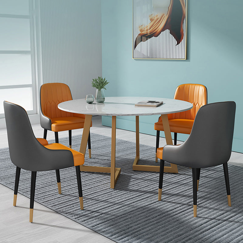1/4/5/7 Pcs Metal Glam Dining Room Set with Round Table and Chairs Dining Set 5 Pieces: White Table, 4 Orange Chairs Clearhalo 'Dining Room Sets' 'Dining Tables & Seating' 'dining_room_set' 'furn' 'furn_dining_room_set' 'Furniture' 'furniture_dining_room_set' 'Kitchen & Dining Furniture' 'kitchen&dining_furn' 'kitchen' 4413285