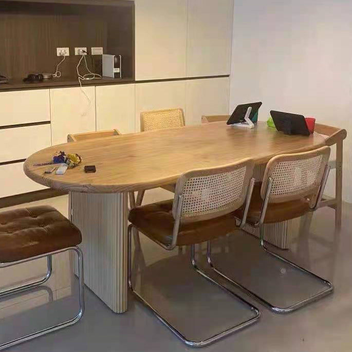 Oval Double Pedestal Modern Dining Table Pinewood Fixed Table for Kitchen 78.7"L x 35.4"W x 29.5"H Without Chairs Clearhalo ' dining_table' 'Dining Tables & Seating' 'Dining Tables' 'furn' 'furn_dining_table' 'Furniture' 'furniture_dining_table' 'Kitchen & Dining Furniture' 'kitchen&dining_furn' 'kitchen' 'kitchen_dining_table' 4413658