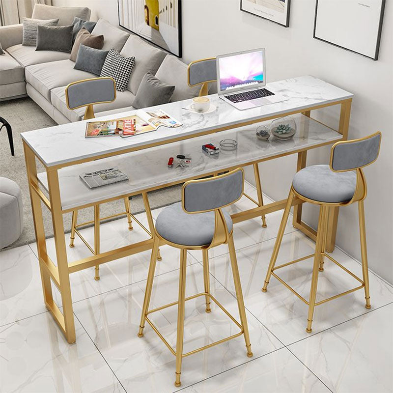 Glam Rectangle Faux Marble Bistro Table Indoor Iron Bar Dining Table with Trestle Pedestal 70.9"L x 15.7"W x 41.3"H Storage Included Without Chairs Clearhalo 'Bar Furniture' 'Bar Tables' 'bar_tables' 'furn' 'furn_bar_tables' 'Furniture' 'furniture_bar_tables' 'Kitchen & Dining Furniture' 4416408