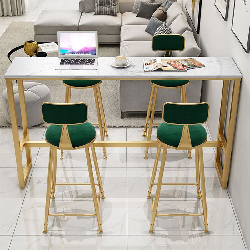 Glam Rectangle Faux Marble Bistro Table Indoor Iron Bar Dining Table with Trestle Pedestal 70.9"L x 15.7"W x 41.3"H Storage Not Included Without Chairs Clearhalo 'Bar Furniture' 'Bar Tables' 'bar_tables' 'furn' 'furn_bar_tables' 'Furniture' 'furniture_bar_tables' 'Kitchen & Dining Furniture' 4416410