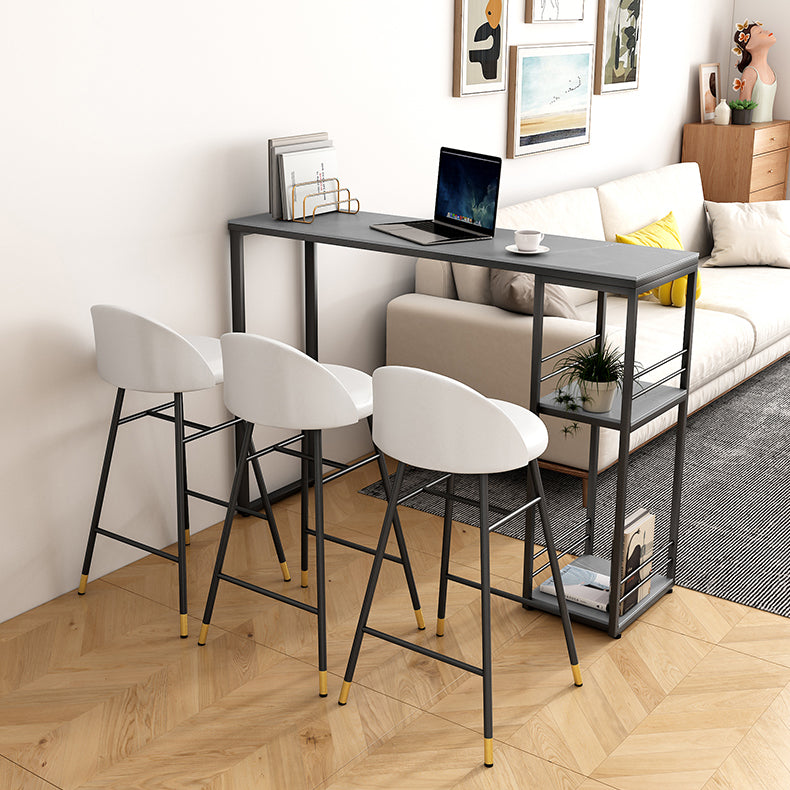 Industrial Rectangle Stone Pub Bar Table Indoor Black Iron Bar Dining Table with Shelf 55.1"L x 15.7"W x 41.3"H Grey Without Chairs Clearhalo 'Bar Furniture' 'Bar Tables' 'bar_tables' 'furn' 'furn_bar_tables' 'Furniture' 'furniture_bar_tables' 'Kitchen & Dining Furniture' 4416432
