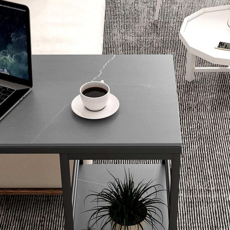 Industrial Rectangle Stone Pub Bar Table Indoor Black Iron Bar Dining Table with Shelf Clearhalo 'Bar Furniture' 'Bar Tables' 'bar_tables' 'furn' 'furn_bar_tables' 'Furniture' 'furniture_bar_tables' 'Kitchen & Dining Furniture' 4416435
