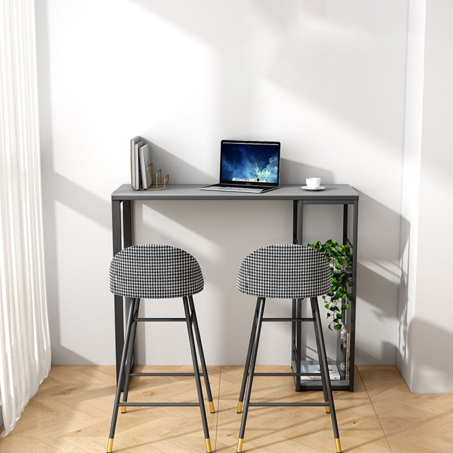 Industrial Rectangle Stone Pub Bar Table Indoor Black Iron Bar Dining Table with Shelf Clearhalo 'Bar Furniture' 'Bar Tables' 'bar_tables' 'furn' 'furn_bar_tables' 'Furniture' 'furniture_bar_tables' 'Kitchen & Dining Furniture' 4416437