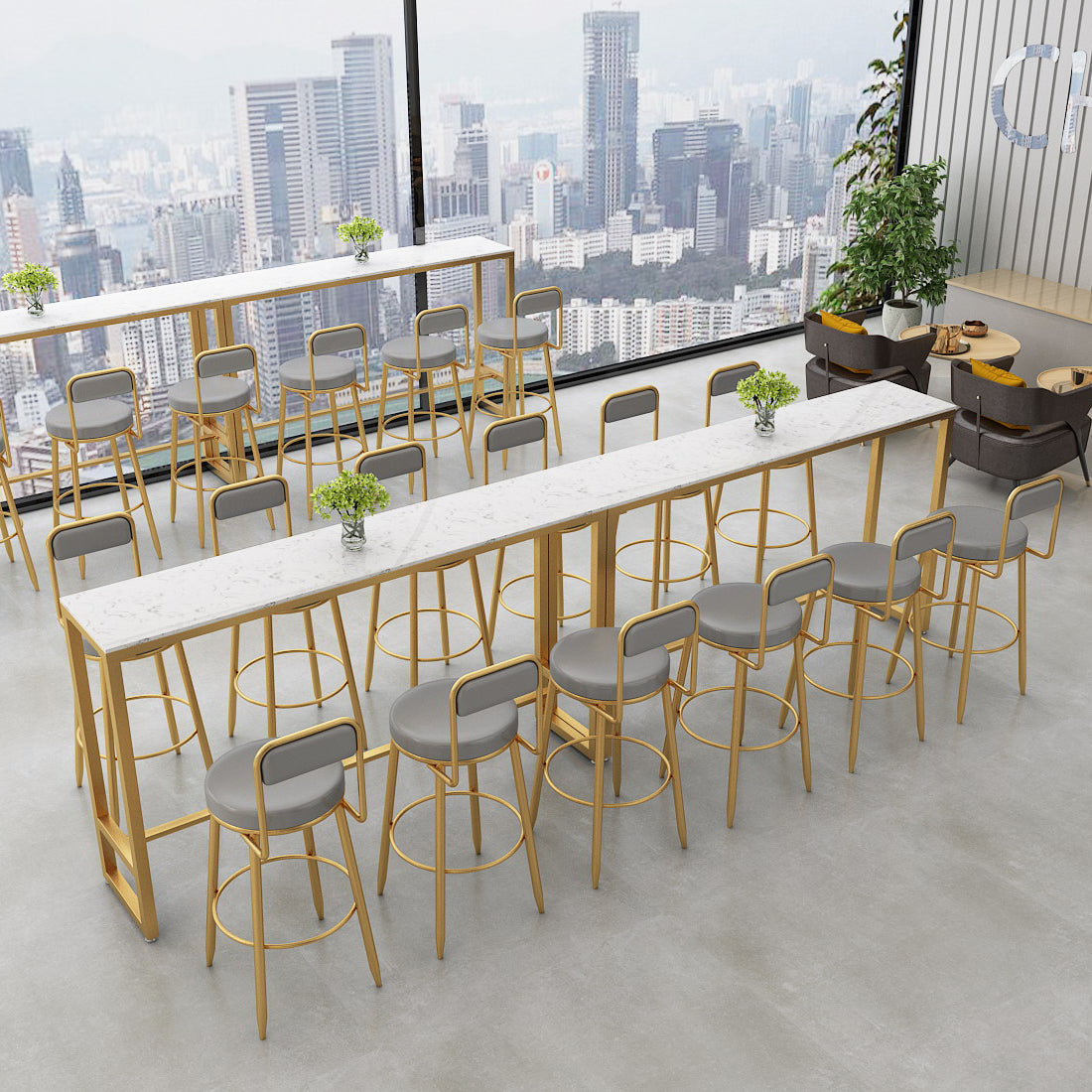 Glam Rectangle Stone Bar Table Indoor Iron Bar Table with Trestle Pedestal, Only Table 63"L x 15.7"W x 41.3"H Marble Without Chairs Clearhalo 'Bar Furniture' 'Bar Tables' 'bar_tables' 'furn' 'furn_bar_tables' 'Furniture' 'furniture_bar_tables' 'Kitchen & Dining Furniture' 4416445