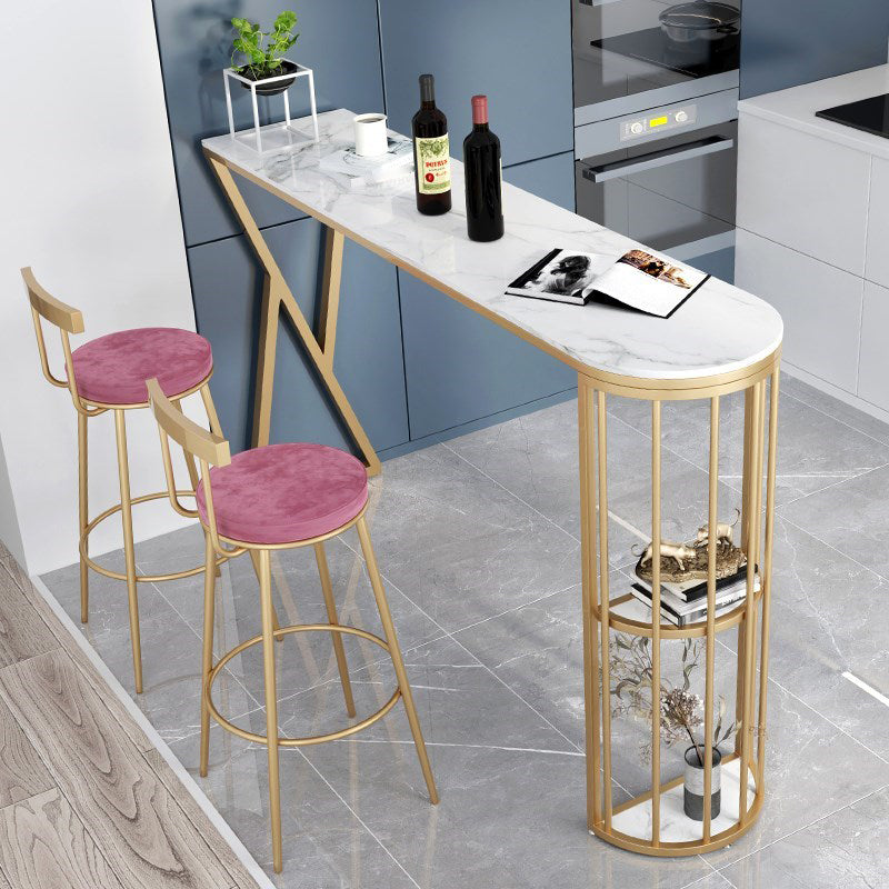 Glam Gold Iron Bar Table Faux Marble White Specialty Top 41.3"H Bistro Table 63"L x 15.7"W x 41.3"H Without Chairs Clearhalo 'Bar Furniture' 'Bar Tables' 'bar_tables' 'furn' 'furn_bar_tables' 'Furniture' 'furniture_bar_tables' 'Kitchen & Dining Furniture' 4416496