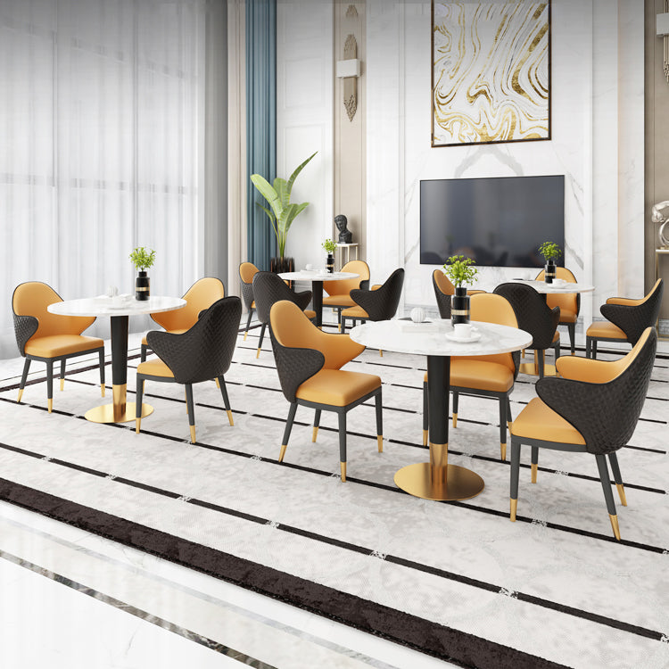 1/2/4/5 Pcs Metal Glam Dining Room Set with Round Table and Arm Chairs Dinette Set 4 Pieces: White Table, 3 Orange Chairs Clearhalo 'Dining Room Sets' 'Dining Tables & Seating' 'dining_room_set' 'furn' 'furn_dining_room_set' 'Furniture' 'furniture_dining_room_set' 'Kitchen & Dining Furniture' 'kitchen&dining_furn' 'kitchen' 4421813