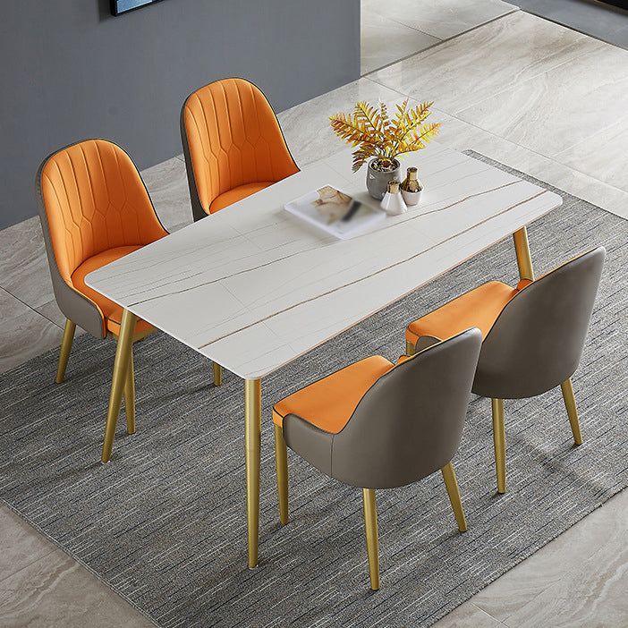 1/4/5/7 Pcs Metal Glam Dining Room Set with Rectangle Table and Leather Chairs Dining Set 5 Pieces: Table, 4 Orange Chairs Clearhalo 'Dining Room Sets' 'Dining Tables & Seating' 'dining_room_set' 'furn' 'furn_dining_room_set' 'Furniture' 'furniture_dining_room_set' 'Kitchen & Dining Furniture' 'kitchen&dining_furn' 'kitchen' 4421826