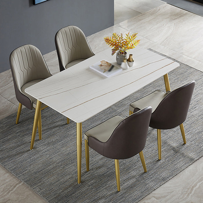 1/4/5/7 Pcs Metal Glam Dining Room Set with Rectangle Table and Leather Chairs Dining Set 5 Pieces: Table, 4 Grey Chairs Clearhalo 'Dining Room Sets' 'Dining Tables & Seating' 'dining_room_set' 'furn' 'furn_dining_room_set' 'Furniture' 'furniture_dining_room_set' 'Kitchen & Dining Furniture' 'kitchen&dining_furn' 'kitchen' 4421827