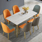 1/4/5/7 Pcs Metal Glam Dining Room Set with Rectangle Table and Leather Chairs Dining Set 7 Pieces: Table, 4 Orange+2 Blue Chairs Clearhalo 'Dining Room Sets' 'Dining Tables & Seating' 'dining_room_set' 'furn' 'furn_dining_room_set' 'Furniture' 'furniture_dining_room_set' 'Kitchen & Dining Furniture' 'kitchen&dining_furn' 'kitchen' 4421831