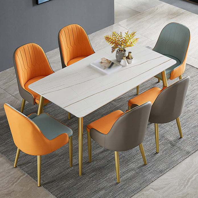 1/4/5/7 Pcs Metal Glam Dining Room Set with Rectangle Table and Leather Chairs Dining Set 7 Pieces: Table, 4 Orange+2 Blue Chairs Clearhalo 'Dining Room Sets' 'Dining Tables & Seating' 'dining_room_set' 'furn' 'furn_dining_room_set' 'Furniture' 'furniture_dining_room_set' 'Kitchen & Dining Furniture' 'kitchen&dining_furn' 'kitchen' 4421831