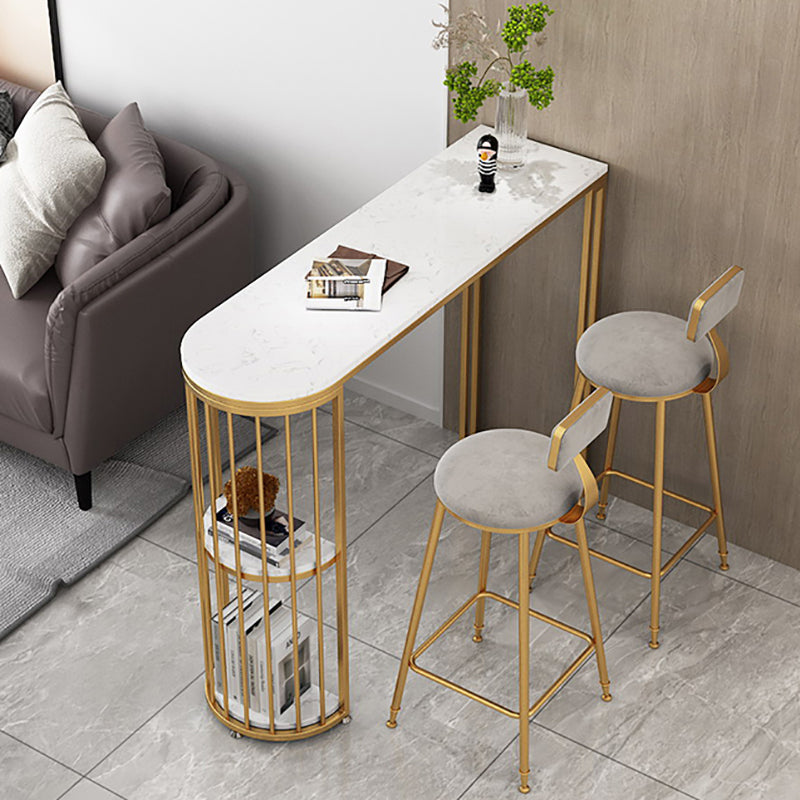 Glam Faux Marble Bistro Table Indoor Iron Double Pedestal Bar Dining Table with 2-Shelf Clearhalo 'Bar Furniture' 'Bar Tables' 'bar_tables' 'furn' 'furn_bar_tables' 'Furniture' 'furniture_bar_tables' 'Kitchen & Dining Furniture' 4423104
