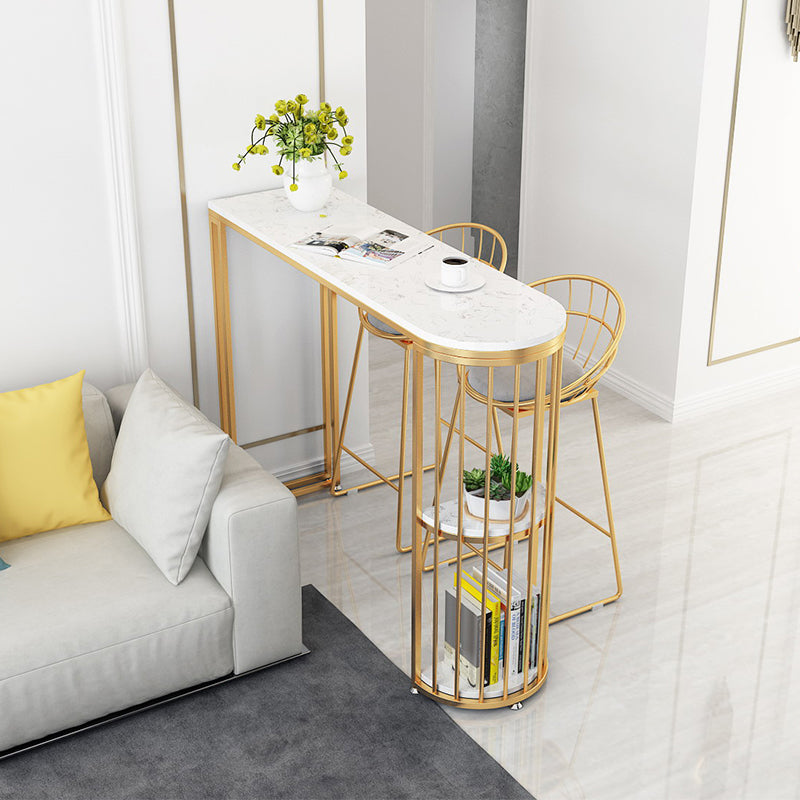 Glam White Faux Marble Pub Bar Table Gold Iron Double Pedestal Bar Dining Table with Shelf 39.4"L x 15.7"W x 41.3"H Without Chairs Clearhalo 'Bar Furniture' 'Bar Tables' 'bar_tables' 'furn' 'furn_bar_tables' 'Furniture' 'furniture_bar_tables' 'Kitchen & Dining Furniture' 4423242