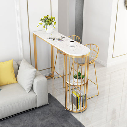 Glam White Faux Marble Pub Bar Table Gold Iron Double Pedestal Bar Dining Table with Shelf 39.4"L x 15.7"W x 41.3"H Without Chairs Clearhalo 'Bar Furniture' 'Bar Tables' 'bar_tables' 'furn' 'furn_bar_tables' 'Furniture' 'furniture_bar_tables' 'Kitchen & Dining Furniture' 4423242