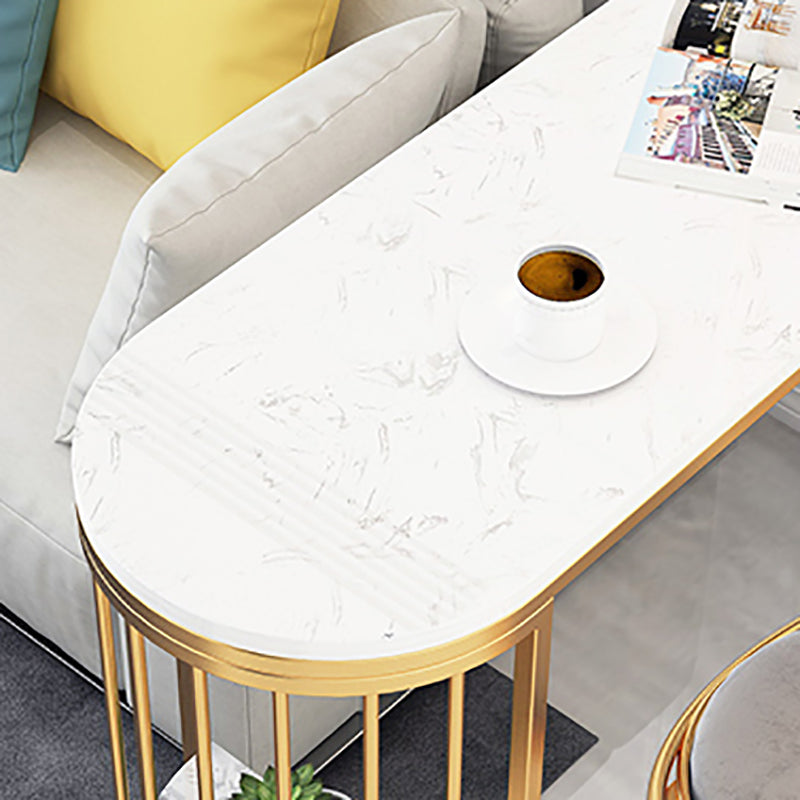 Glam White Faux Marble Pub Bar Table Gold Iron Double Pedestal Bar Dining Table with Shelf Clearhalo 'Bar Furniture' 'Bar Tables' 'bar_tables' 'furn' 'furn_bar_tables' 'Furniture' 'furniture_bar_tables' 'Kitchen & Dining Furniture' 4423246