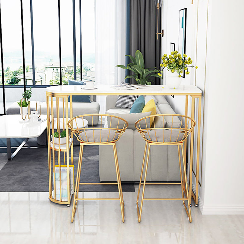 Glam White Faux Marble Pub Bar Table Gold Iron Double Pedestal Bar Dining Table with Shelf Clearhalo 'Bar Furniture' 'Bar Tables' 'bar_tables' 'furn' 'furn_bar_tables' 'Furniture' 'furniture_bar_tables' 'Kitchen & Dining Furniture' 4423247