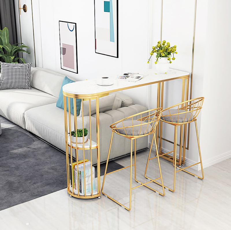 Glam White Faux Marble Pub Bar Table Gold Iron Double Pedestal Bar Dining Table with Shelf Clearhalo 'Bar Furniture' 'Bar Tables' 'bar_tables' 'furn' 'furn_bar_tables' 'Furniture' 'furniture_bar_tables' 'Kitchen & Dining Furniture' 4423249