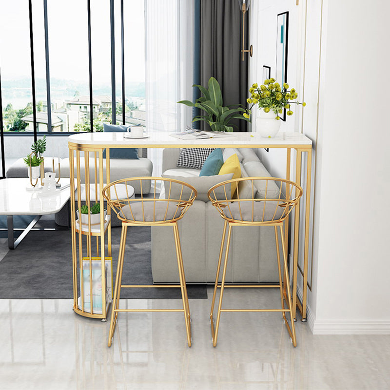 Glam White Faux Marble Pub Bar Table Gold Iron Double Pedestal Bar Dining Table with Shelf Clearhalo 'Bar Furniture' 'Bar Tables' 'bar_tables' 'furn' 'furn_bar_tables' 'Furniture' 'furniture_bar_tables' 'Kitchen & Dining Furniture' 4423251
