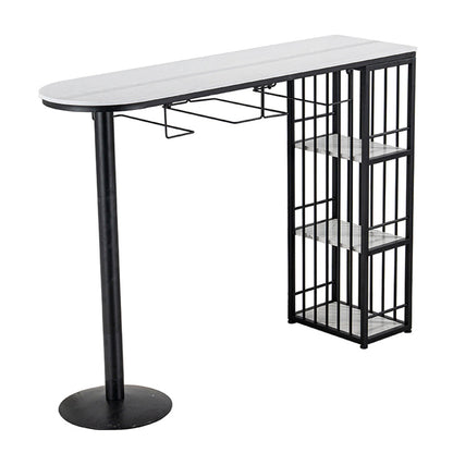 Glam Faux Marble Bistro Table Indoor Iron Double Pedestal Bar Dining Table with 3-Shelf Black Without Chairs Clearhalo 'Bar Furniture' 'Bar Tables' 'bar_tables' 'furn' 'furn_bar_tables' 'Furniture' 'furniture_bar_tables' 'Kitchen & Dining Furniture' 4423304