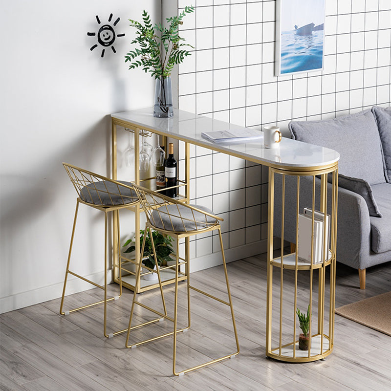 Glam Faux Marble Bistro Table Indoor Iron Double Pedestal Bar Dining Table with 4-Shelf 70.9"L x 15.7"W x 41.3"H Gold Without Chairs Clearhalo 'Bar Furniture' 'Bar Tables' 'bar_tables' 'furn' 'furn_bar_tables' 'Furniture' 'furniture_bar_tables' 'Kitchen & Dining Furniture' 4423361