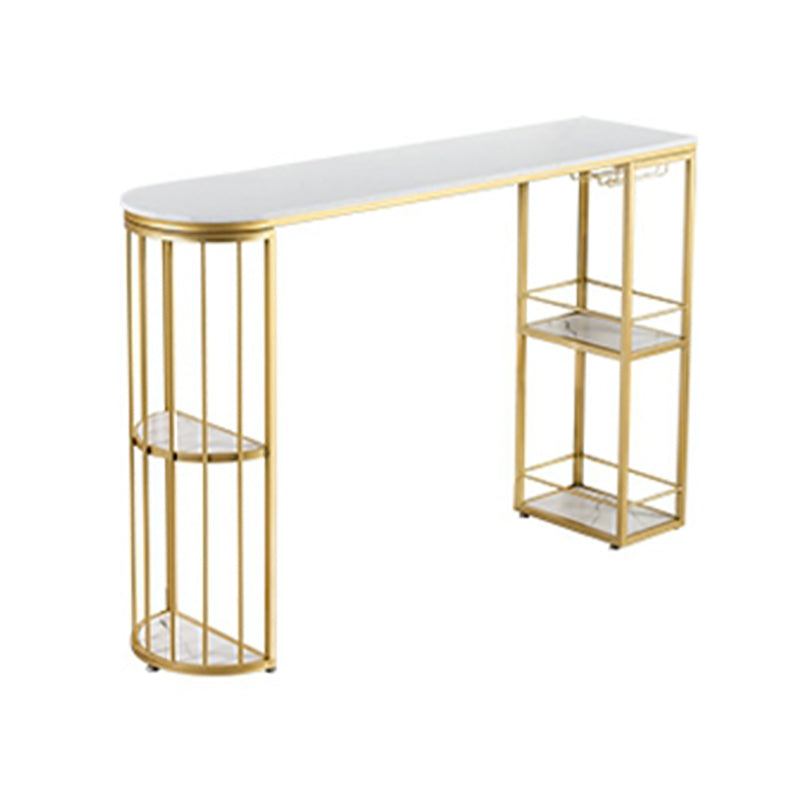 Glam Faux Marble Bistro Table Indoor Iron Double Pedestal Bar Dining Table with 4-Shelf Gold Without Chairs Clearhalo 'Bar Furniture' 'Bar Tables' 'bar_tables' 'furn' 'furn_bar_tables' 'Furniture' 'furniture_bar_tables' 'Kitchen & Dining Furniture' 4423362