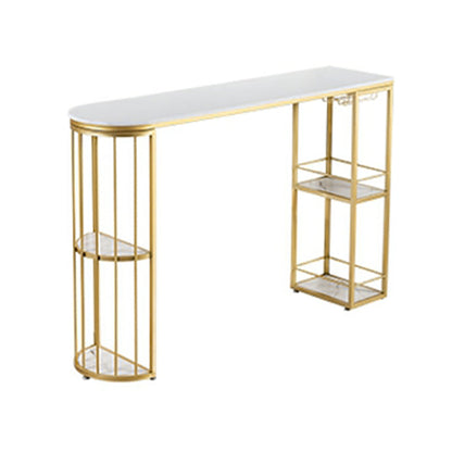 Glam Faux Marble Bistro Table Indoor Iron Double Pedestal Bar Dining Table with 4-Shelf Gold Without Chairs Clearhalo 'Bar Furniture' 'Bar Tables' 'bar_tables' 'furn' 'furn_bar_tables' 'Furniture' 'furniture_bar_tables' 'Kitchen & Dining Furniture' 4423362