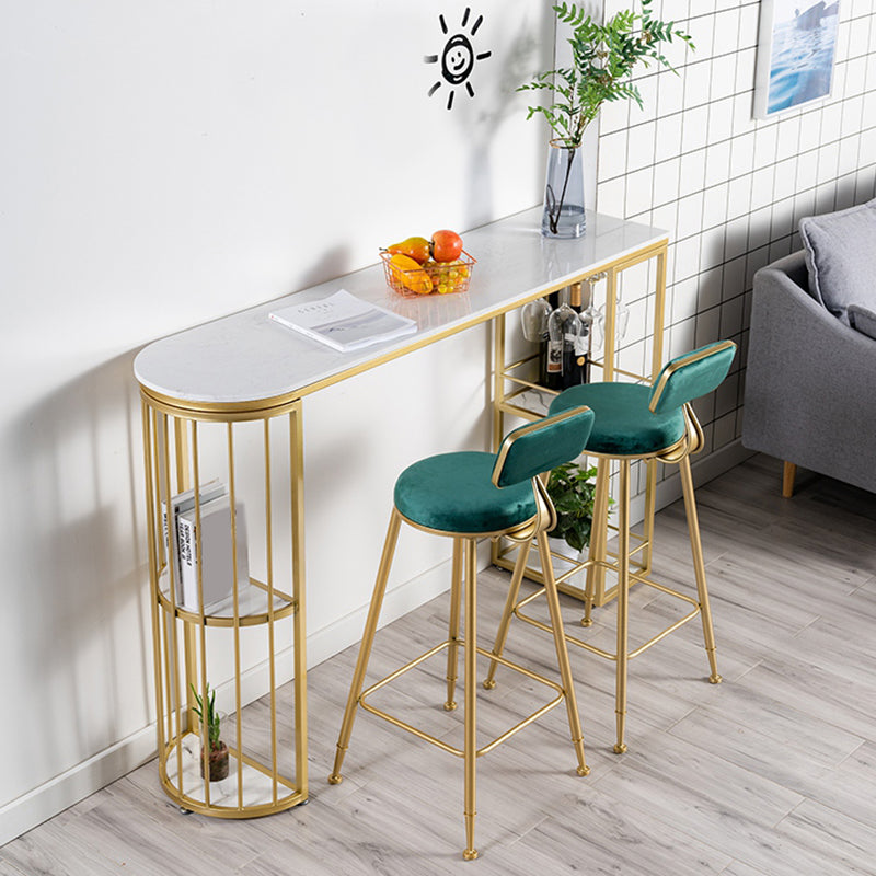 Glam Faux Marble Bistro Table Indoor Iron Double Pedestal Bar Dining Table with 4-Shelf 63"L x 15.7"W x 41.3"H Gold Without Chairs Clearhalo 'Bar Furniture' 'Bar Tables' 'bar_tables' 'furn' 'furn_bar_tables' 'Furniture' 'furniture_bar_tables' 'Kitchen & Dining Furniture' 4423363