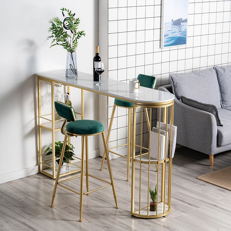 Glam Faux Marble Bistro Table Indoor Iron Double Pedestal Bar Dining Table with 4-Shelf 55.1"L x 15.7"W x 41.3"H Gold Without Chairs Clearhalo 'Bar Furniture' 'Bar Tables' 'bar_tables' 'furn' 'furn_bar_tables' 'Furniture' 'furniture_bar_tables' 'Kitchen & Dining Furniture' 4423364