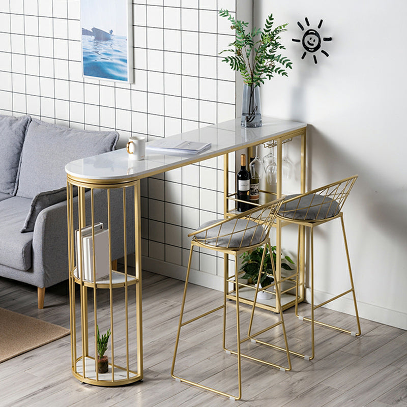 Glam Faux Marble Bistro Table Indoor Iron Double Pedestal Bar Dining Table with 4-Shelf Clearhalo 'Bar Furniture' 'Bar Tables' 'bar_tables' 'furn' 'furn_bar_tables' 'Furniture' 'furniture_bar_tables' 'Kitchen & Dining Furniture' 4423369