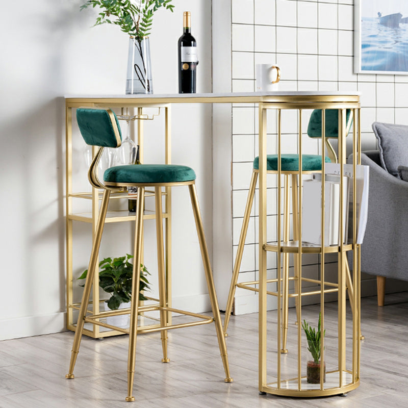 Glam Faux Marble Bistro Table Indoor Iron Double Pedestal Bar Dining Table with 4-Shelf Clearhalo 'Bar Furniture' 'Bar Tables' 'bar_tables' 'furn' 'furn_bar_tables' 'Furniture' 'furniture_bar_tables' 'Kitchen & Dining Furniture' 4423370