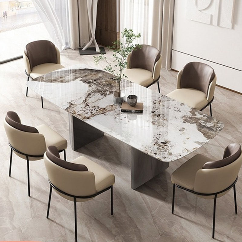 1/2/5/6/7 Pieces Dining Set Modern Sintered Stone Dining Table set with Leather Chairs 7 Pieces: Table, 6 Brown Chairs Clearhalo 'Dining Room Sets' 'Dining Tables & Seating' 'dining_room_set' 'furn' 'furn_dining_room_set' 'Furniture' 'furniture_dining_room_set' 'Kitchen & Dining Furniture' 'kitchen&dining_furn' 'kitchen' 4428887