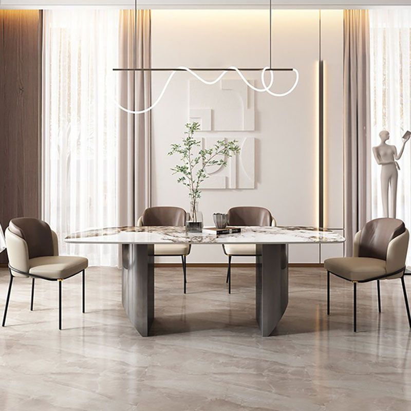 1/2/5/6/7 Pieces Dining Set Modern Sintered Stone Dining Table set with Leather Chairs 5 Pieces: Table, 4 Brown Chairs Clearhalo 'Dining Room Sets' 'Dining Tables & Seating' 'dining_room_set' 'furn' 'furn_dining_room_set' 'Furniture' 'furniture_dining_room_set' 'Kitchen & Dining Furniture' 'kitchen&dining_furn' 'kitchen' 4428890