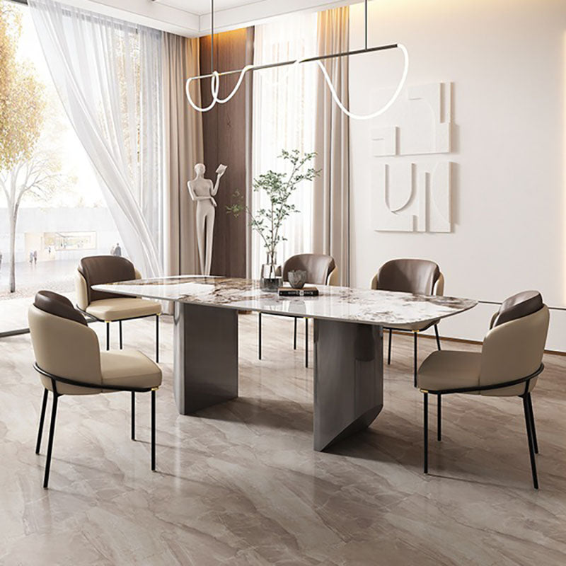 1/2/5/6/7 Pieces Dining Set Modern Sintered Stone Dining Table set with Leather Chairs 6 Pieces: Table, 5 Brown Chairs Clearhalo 'Dining Room Sets' 'Dining Tables & Seating' 'dining_room_set' 'furn' 'furn_dining_room_set' 'Furniture' 'furniture_dining_room_set' 'Kitchen & Dining Furniture' 'kitchen&dining_furn' 'kitchen' 4428899