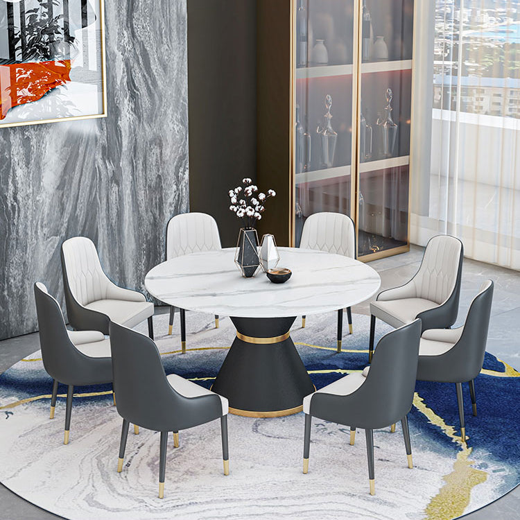 1/2/7/9 Pcs Metal Modern Dining Room Set with Round Table and Pedestal Base Dining Set 9 Pieces: White Table, 8 White Chairs Clearhalo 'Dining Room Sets' 'Dining Tables & Seating' 'dining_room_set' 'furn' 'furn_dining_room_set' 'Furniture' 'furniture_dining_room_set' 'Kitchen & Dining Furniture' 'kitchen&dining_furn' 'kitchen' 4428933
