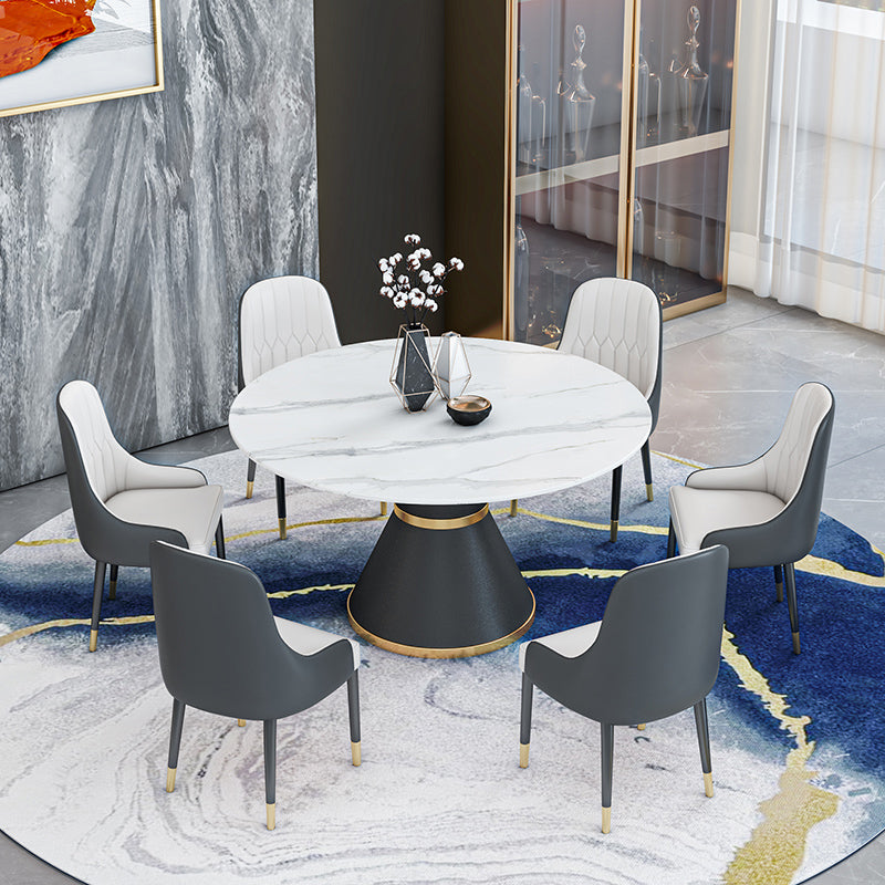 1/2/7/9 Pcs Metal Modern Dining Room Set with Round Table and Pedestal Base Dining Set 7 Pieces: White Table, 6 White Chairs Clearhalo 'Dining Room Sets' 'Dining Tables & Seating' 'dining_room_set' 'furn' 'furn_dining_room_set' 'Furniture' 'furniture_dining_room_set' 'Kitchen & Dining Furniture' 'kitchen&dining_furn' 'kitchen' 4428934