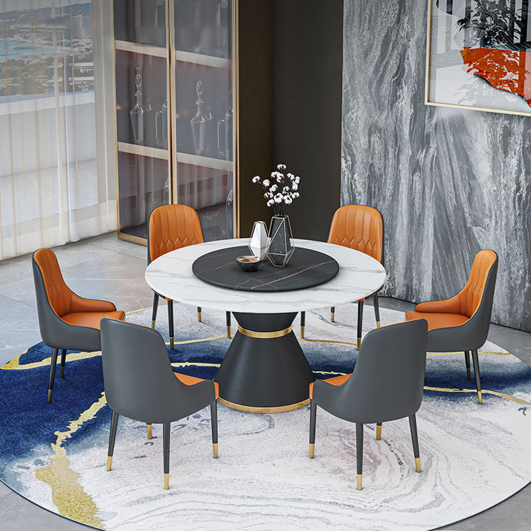 1/2/7/9 Pcs Metal Modern Dining Room Set with Round Table and Pedestal Base Dining Set 7 Pieces: Black Table, 6 Orange Chairs Clearhalo 'Dining Room Sets' 'Dining Tables & Seating' 'dining_room_set' 'furn' 'furn_dining_room_set' 'Furniture' 'furniture_dining_room_set' 'Kitchen & Dining Furniture' 'kitchen&dining_furn' 'kitchen' 4428935
