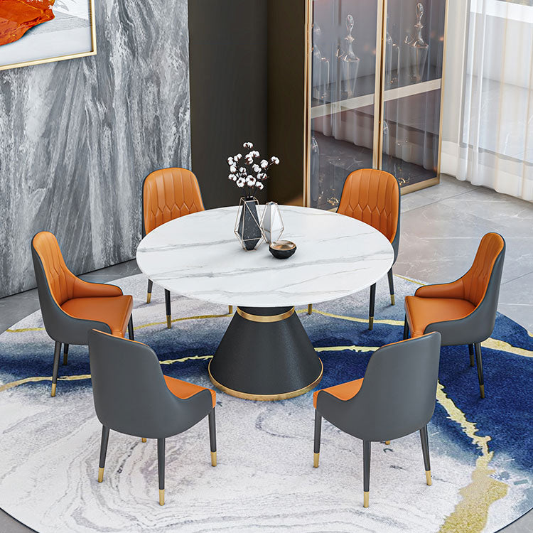 1/2/7/9 Pcs Metal Modern Dining Room Set with Round Table and Pedestal Base Dining Set 7 Pieces: White Table, 6 Orange Chairs Clearhalo 'Dining Room Sets' 'Dining Tables & Seating' 'dining_room_set' 'furn' 'furn_dining_room_set' 'Furniture' 'furniture_dining_room_set' 'Kitchen & Dining Furniture' 'kitchen&dining_furn' 'kitchen' 4428936