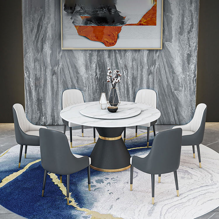 1/2/7/9 Pcs Metal Modern Dining Room Set with Round Table and Pedestal Base Dining Set 7 Pieces: White-Gold Table, 6 White Chairs Clearhalo 'Dining Room Sets' 'Dining Tables & Seating' 'dining_room_set' 'furn' 'furn_dining_room_set' 'Furniture' 'furniture_dining_room_set' 'Kitchen & Dining Furniture' 'kitchen&dining_furn' 'kitchen' 4428937