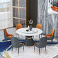 1/2/7/9 Pcs Metal Modern Dining Room Set with Round Table and Pedestal Base Dining Set 7 Pieces: White-Gold Table, 6 Orange Chairs Clearhalo 'Dining Room Sets' 'Dining Tables & Seating' 'dining_room_set' 'furn' 'furn_dining_room_set' 'Furniture' 'furniture_dining_room_set' 'Kitchen & Dining Furniture' 'kitchen&dining_furn' 'kitchen' 4428939