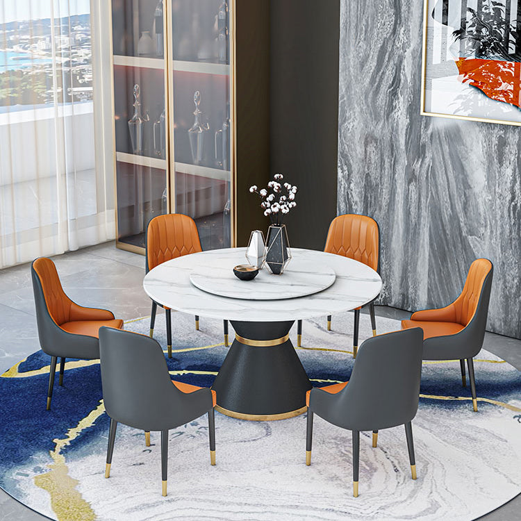 1/2/7/9 Pcs Metal Modern Dining Room Set with Round Table and Pedestal Base Dining Set 7 Pieces: White-Gold Table, 6 Orange Chairs Clearhalo 'Dining Room Sets' 'Dining Tables & Seating' 'dining_room_set' 'furn' 'furn_dining_room_set' 'Furniture' 'furniture_dining_room_set' 'Kitchen & Dining Furniture' 'kitchen&dining_furn' 'kitchen' 4428939