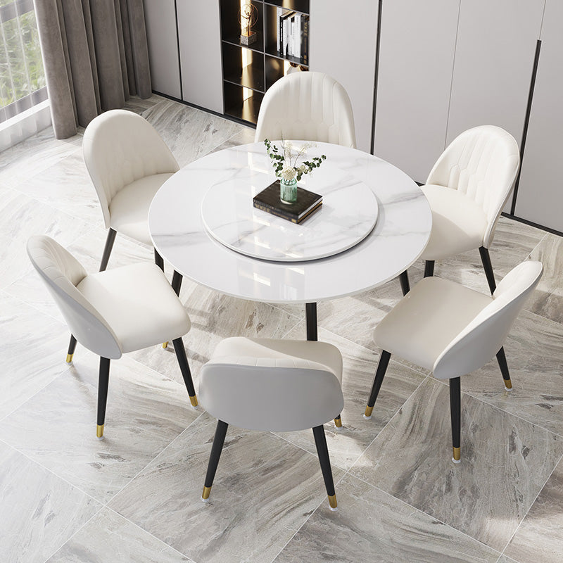 1/4/7 Pcs Metal Modern Dining Room Set with Round Table and Steel Legs Dining Set 7 Pieces: White-Black Table, 6 White Chairs Clearhalo 'Dining Room Sets' 'Dining Tables & Seating' 'dining_room_set' 'furn' 'furn_dining_room_set' 'Furniture' 'furniture_dining_room_set' 'Kitchen & Dining Furniture' 'kitchen&dining_furn' 'kitchen' 4429017