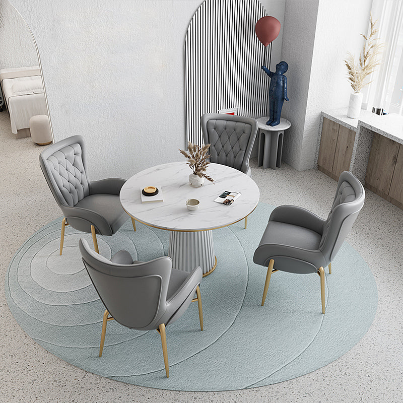 1/5 Pcs Metal Modern Dining Room Set with Round Table and Pedestal Base Dining Set 5 Pieces: White Table, 4 Grey Chairs Clearhalo 'Dining Room Sets' 'Dining Tables & Seating' 'dining_room_set' 'furn' 'furn_dining_room_set' 'Furniture' 'furniture_dining_room_set' 'Kitchen & Dining Furniture' 'kitchen&dining_furn' 'kitchen' 4429037