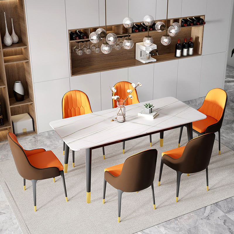 1/5/7 Pcs Metal Contemporary Dining Room Set with Rectangle Table Dining Set 7 Pieces: White Table, 6 Grey-Orange Chairs Clearhalo 'Dining Room Sets' 'Dining Tables & Seating' 'dining_room_set' 'furn' 'furn_dining_room_set' 'Furniture' 'furniture_dining_room_set' 'Kitchen & Dining Furniture' 'kitchen&dining_furn' 'kitchen' 4429059