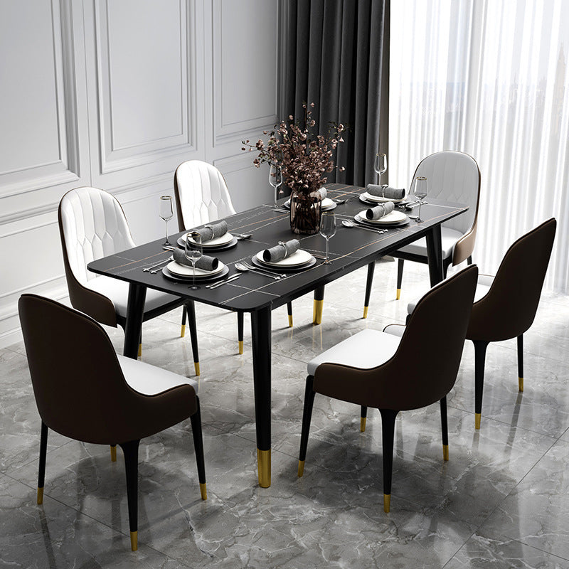 1/5/7 Pcs Metal Contemporary Dining Room Set with Rectangle Table Dining Set 7 Pieces: Black Table, 6 Grey-White Chairs Clearhalo 'Dining Room Sets' 'Dining Tables & Seating' 'dining_room_set' 'furn' 'furn_dining_room_set' 'Furniture' 'furniture_dining_room_set' 'Kitchen & Dining Furniture' 'kitchen&dining_furn' 'kitchen' 4429066