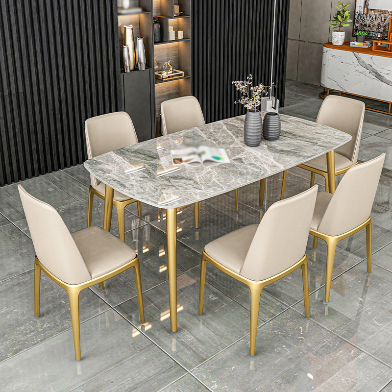 Nordic 1/2/5/7 Pieces Dining Set Sintered Stone Dining Table Set with Leather Chairs 7 Pieces: Table, 6 Beige Chairs Clearhalo 'Dining Room Sets' 'Dining Tables & Seating' 'dining_room_set' 'furn' 'furn_dining_room_set' 'Furniture' 'furniture_dining_room_set' 'Kitchen & Dining Furniture' 'kitchen&dining_furn' 'kitchen' 4429158