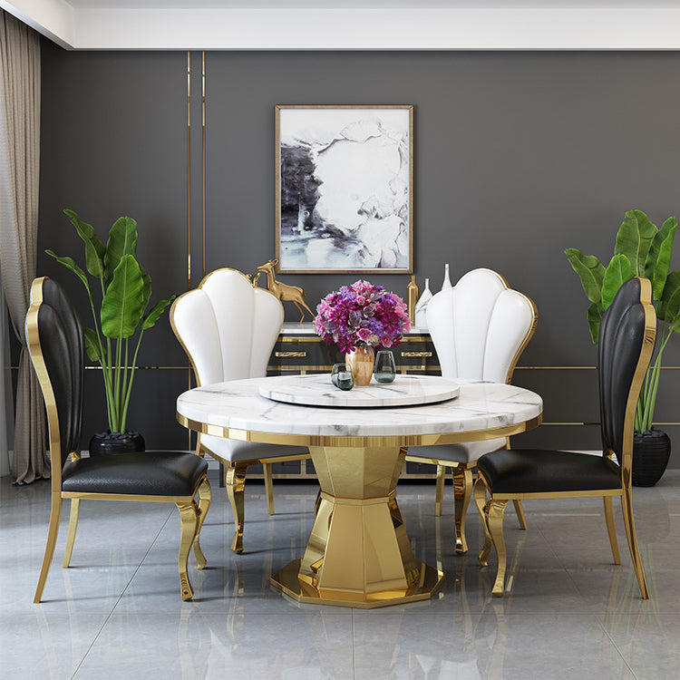 Round Traditional Luxury Dining Table White Sintered Stone Indoor Table with Pedestal Base 51.2"L x 51.2"W x 29.5"H Without Chairs Clearhalo ' dining_table' 'Dining Tables & Seating' 'Dining Tables' 'furn' 'furn_dining_table' 'Furniture' 'furniture_dining_table' 'Kitchen & Dining Furniture' 'kitchen&dining_furn' 'kitchen' 'kitchen_dining_table' 4429418